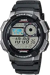 Série AE1000W | Relógio digital masculino | Preto/Preto | 100M WR | Multi Alarmes | Cronômetro de 100 SEC | Temporizador de contagem regressiva | Mapa Mundial | Luz LED | Visor analógico LC |