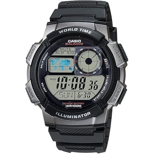 Casio Men's AE1000W-1BVCF Silver-Tone and Black Digital Sport Watch with Black Resin Band