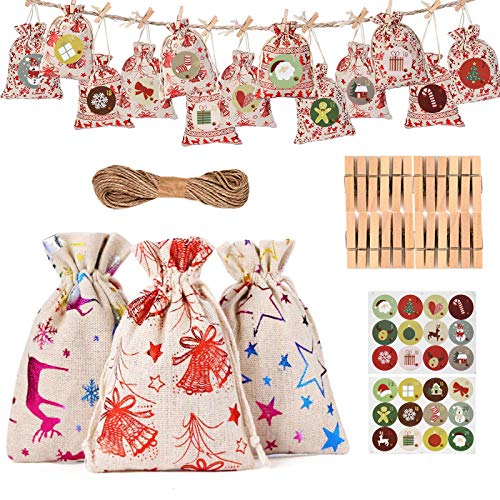Hbsite Calendario de Adviento de Navidad Cuenta Regresiva Bolsas de Adviento vacías Tela de Navidad con cordón Regalo Bolsa de Dulces Reutilizable para Bodas/Fiestas/cumpleaños 24PCS