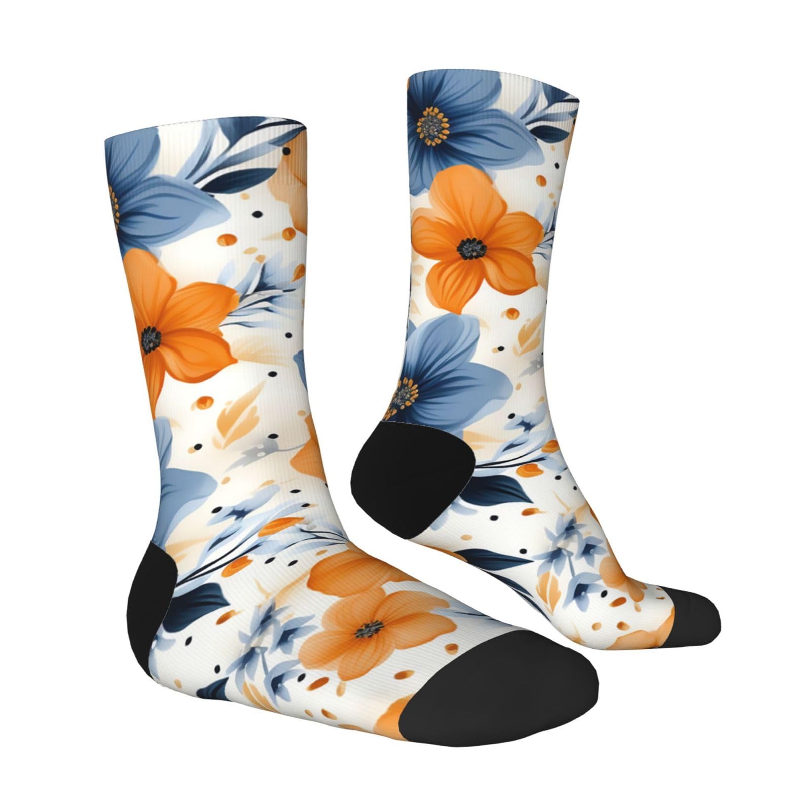 LZQPOEAS Blue and orange flowers on white background Athletic Socks Unisex Cushioned Crew Socks Hiking Running Calf Sock Soft Above Ankle Sock