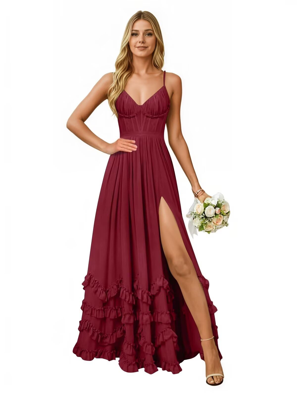 Spaghetti Straps Ruffle Bridesmaid Dresses with Slit Long V-Neck Corset Formal Evening Maxi Gowns