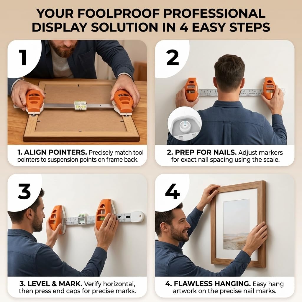 Picture Hanging Tool with Level, Adjustable Marking Ruler – No Measuring Needed, Precision Wall Mount Kit for Frames, Shelves & Mirrors – Easy, Fast & Accurate Alignment Tool