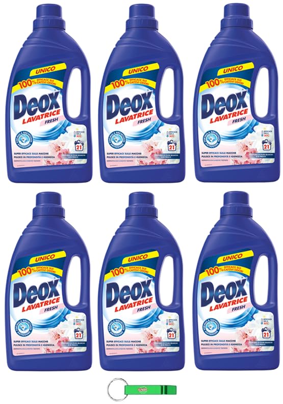 Deox Lavatrice Fresh Blu - Detergente líquido para lavadora (6 unidades, 21 lavados, 1050 ml, incluye llavero Beni Culinari gratuito)