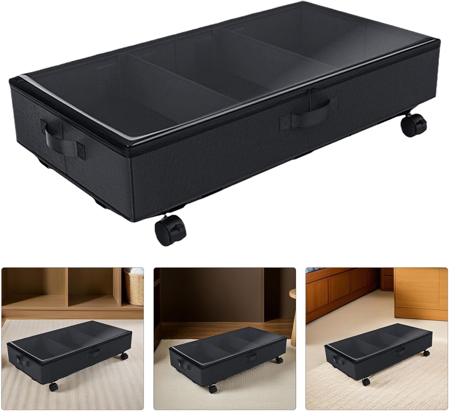 Toyvian -bed Storage Bin with Wheels, 3-grid Oxford Fabric Clothes Organizer Box, Large Capacity Dustproof Storage Container for Bedding, Black