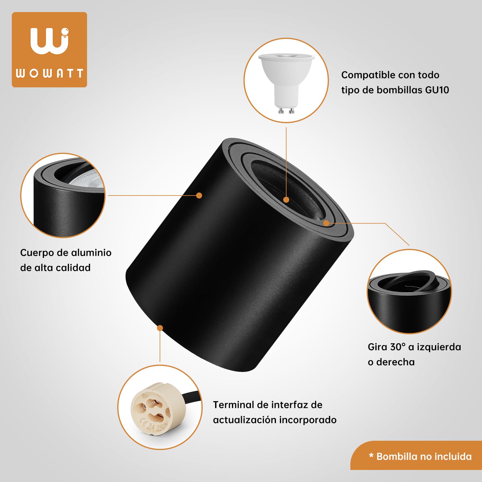 wowatt 4 Piezas Focos Techo Superficie Negro, GU10 Focos Techo Orientables | 220-240V, Orientables 30 °, 80mm x 85mm, Aluminio, Focos Superficie Techo con Casquillo GU10 para Módulos GU10 y LED, Redondo