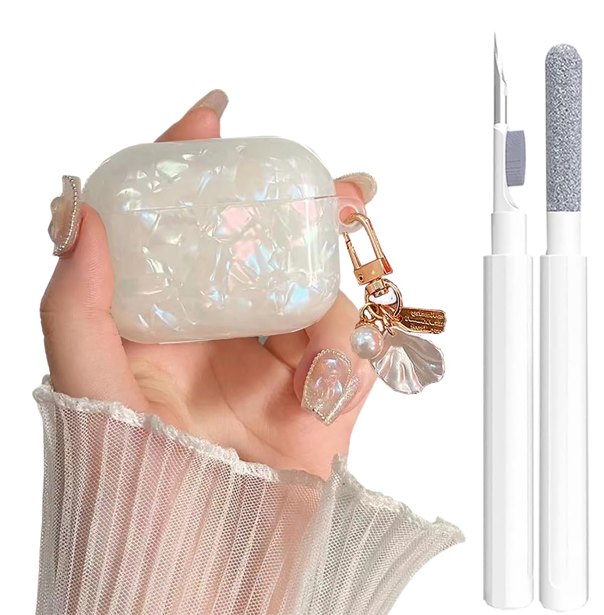 Cute Case for Airpods Pro/Pro 2 Gen Cover Girl Women with Cleaner Pen, Shell Pattern Airpods iPod Pro 2nd/1st Generation Cover Protective Skin with