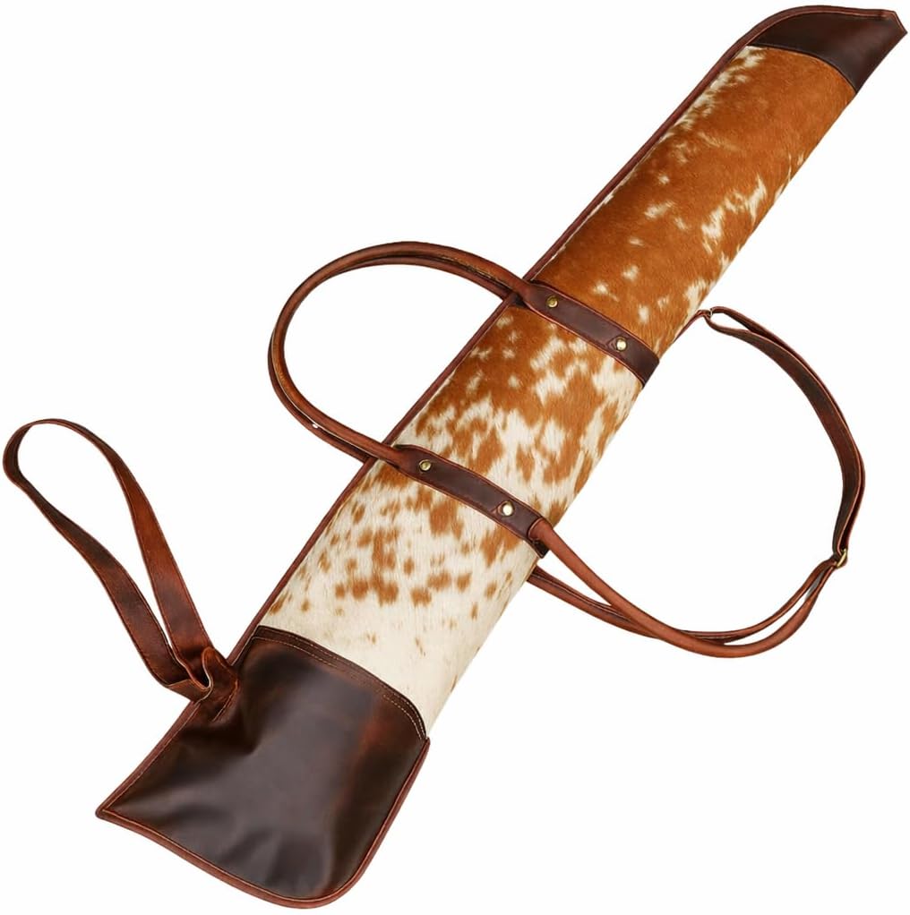 Western Leather Rifle Scabbard Cow & Buffalo Hide Shotgun Case with Brass Zipper, Side Ammo Pocket, Carry Handle & Strap Lever Action Gun Holster for Horse Saddle