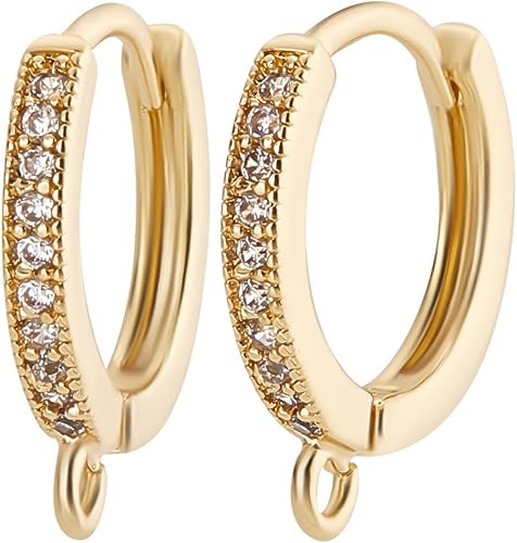 Beebeecraft 1 caja de 14 ganchos de circonita cúbica chapados en oro de 18 quilates, aretes de aro de clip francés con lazo para hacer aretes de