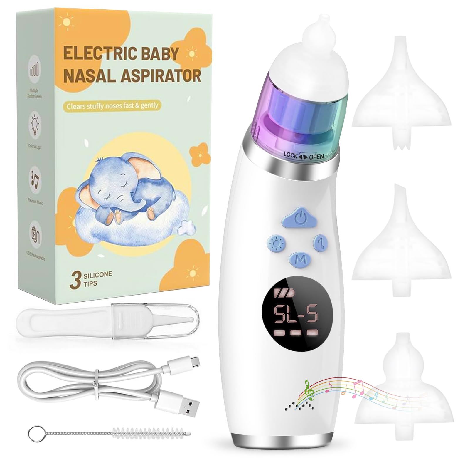 Aspiratore Nasale Neonato Elettrico, Aspira Muco Bambini Portatile con Display LCD e Custodia, 3 Beccucci in Silicone, Silenzioso, Pulizia Naso USB