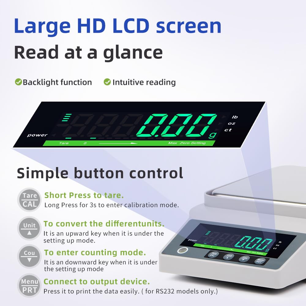 Balanza electrónica profesional con pantalla LCD, balanza analítica de 1 kg 0,01 g/10, g/5, g(1KG 0.01G)