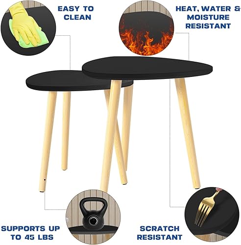 Miniatura 5 de Juego de 2 mesas semianidables modernas con patas de madera, mesa auxiliar triangular para sala de estar, dormitorio, apartamento y espacios