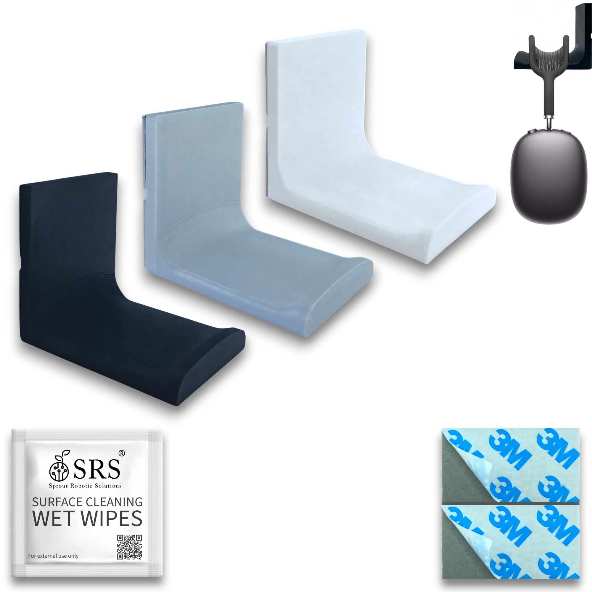 SRS® Table Mount Headphone Stand Holder Under Desk Headphone Hook Hanger Mount with Cable Organizer for All Gaming Headsets Pc Accessories Stick-on Adhesive (Pack of 3, Black & Grey & White)