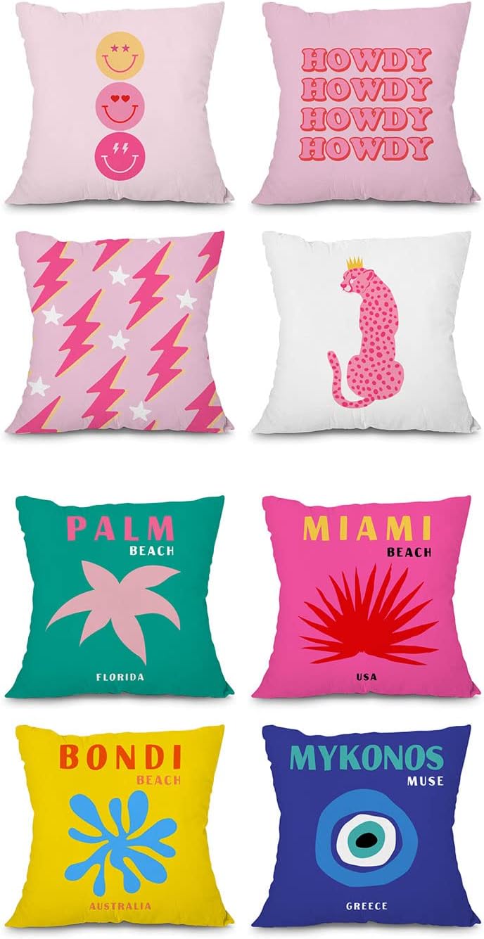heilkee Preppy Throw Pillow Covers Set of 4 Travel Colorful Cushion Case Square Decorative Soft Pillowcase for Teens Girls Bedroom College Dorm Sofa,18x18 Inches