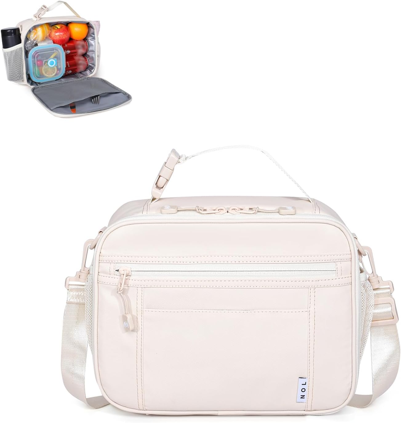 NOL Natural Organic Lifestyle Reusable Insulated Kids Lunch Bag – Water-Resistant Easy-Clean Fabric, Multiple Zip Pockets, Holds Lunch Box & Water Bottle for School, Cream