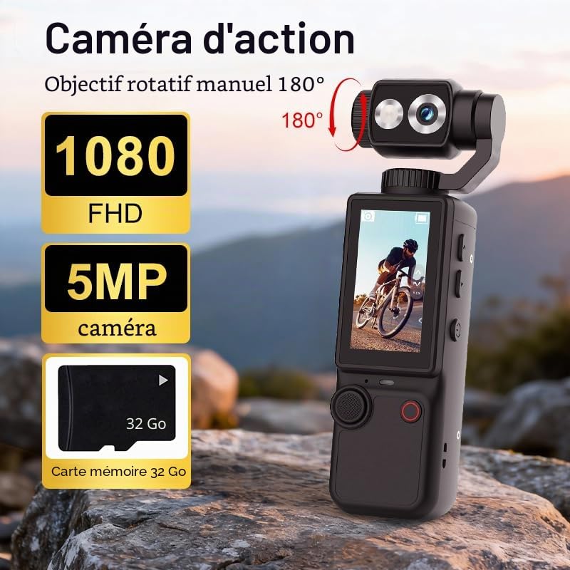 Appareil Photo Vlog Portable Q8 avec Objectif Pivotant à 180°, Caméra Numérique 1080p pour Photo & Vidéo, Écran IPS 2,0", Auto Focus, Batterie 2000mAh, avec Carte 32 Go, Trépied et Cordon (Noir)