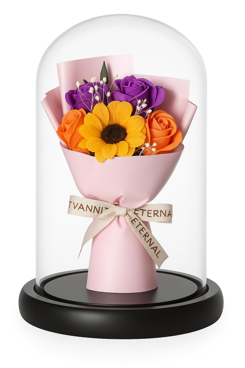 Jrose Collections Multicoloured Preserved Flower Dome Bouquet With Simulated Sunflower & Roses | Eternal Rose Glass Dome With Pennycress | Handmade Forever Flower Arrangement For Home Décor & Gifting – 17X10cm Jr5222