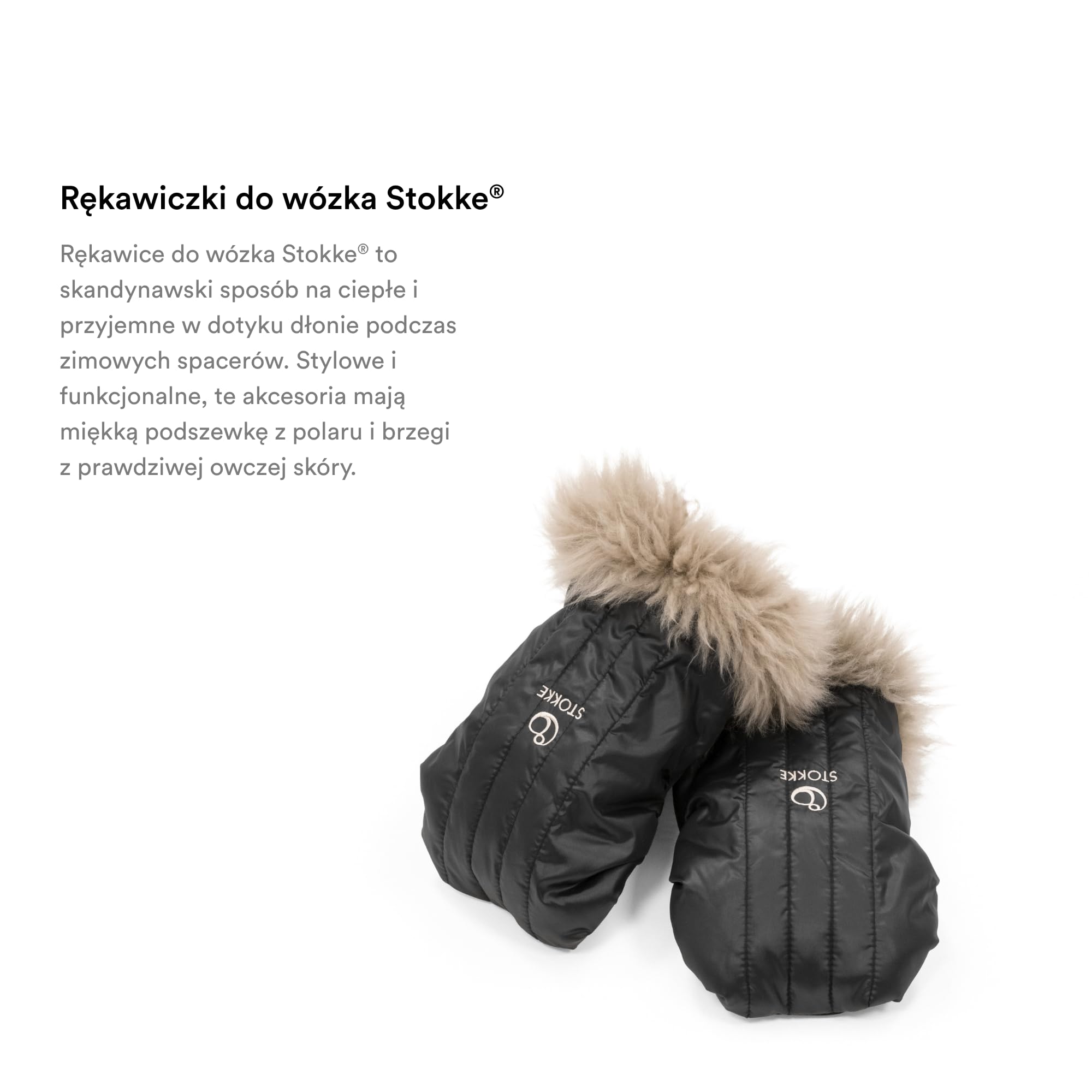 Rękawice do wózka Stokke, głęboka czerń - miękka polarowa podszewka i mankiety z owczej skóry - pasują do wszystkich wózków Stokke