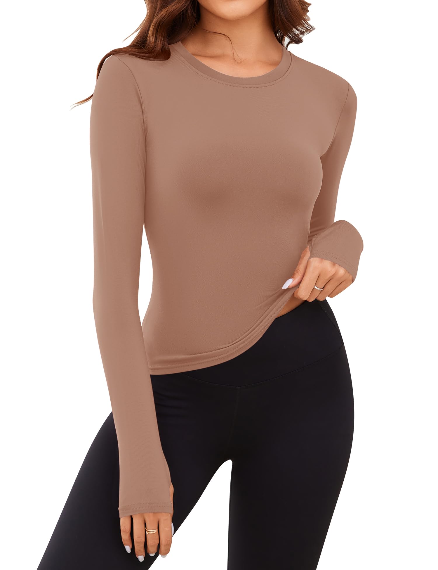 Rapbin Camisetas térmicas para mujer, manga larga, forro polar, para invierno, clima frío, con agujeros para el pulgar, XS-L