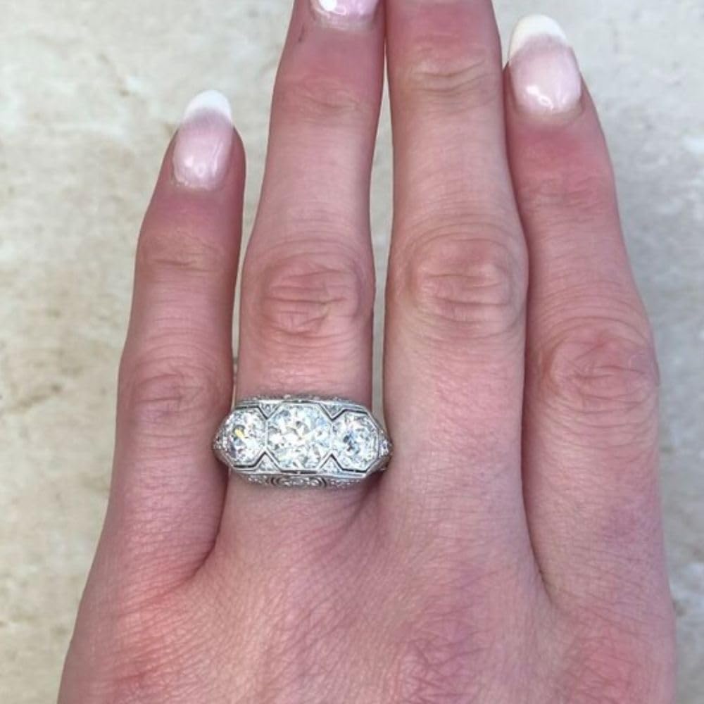 3 Ct Round Cut Three Stone Diamond Wedding Art Deco Vintage Style Bridal Filigree Women Engagement Ring 14K White Gold Plated Prongs and Bezel Set Diamond Ring 925 Sterling Silver Ring