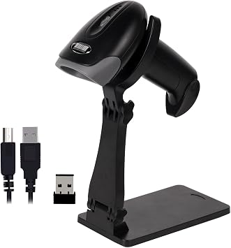 QR Code Scanner with Stand Wireless Barcode Scanner for Library Shop | 2.4G Wireless & USB Wired Connection, Foldable Stand,Handheld CMOS Image Bar Code Reader