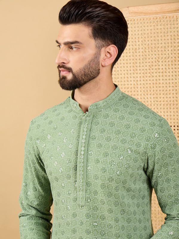 Image of Men's Solid Embroidered Long Straight Kurta | Men's Kurta | Embroidered Chikankari Kurta for Men | Straight Fit Kurta for Men