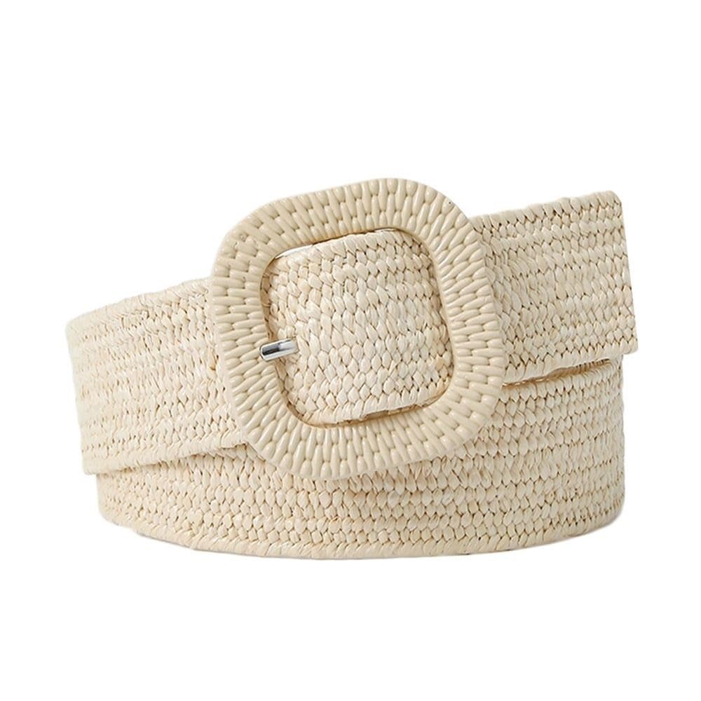 REEYUILOF Braided Belts For Women Summer Patchwork Straw Woven Belt Wide Waistband Female Square Buckle Waist Belt(Beige)