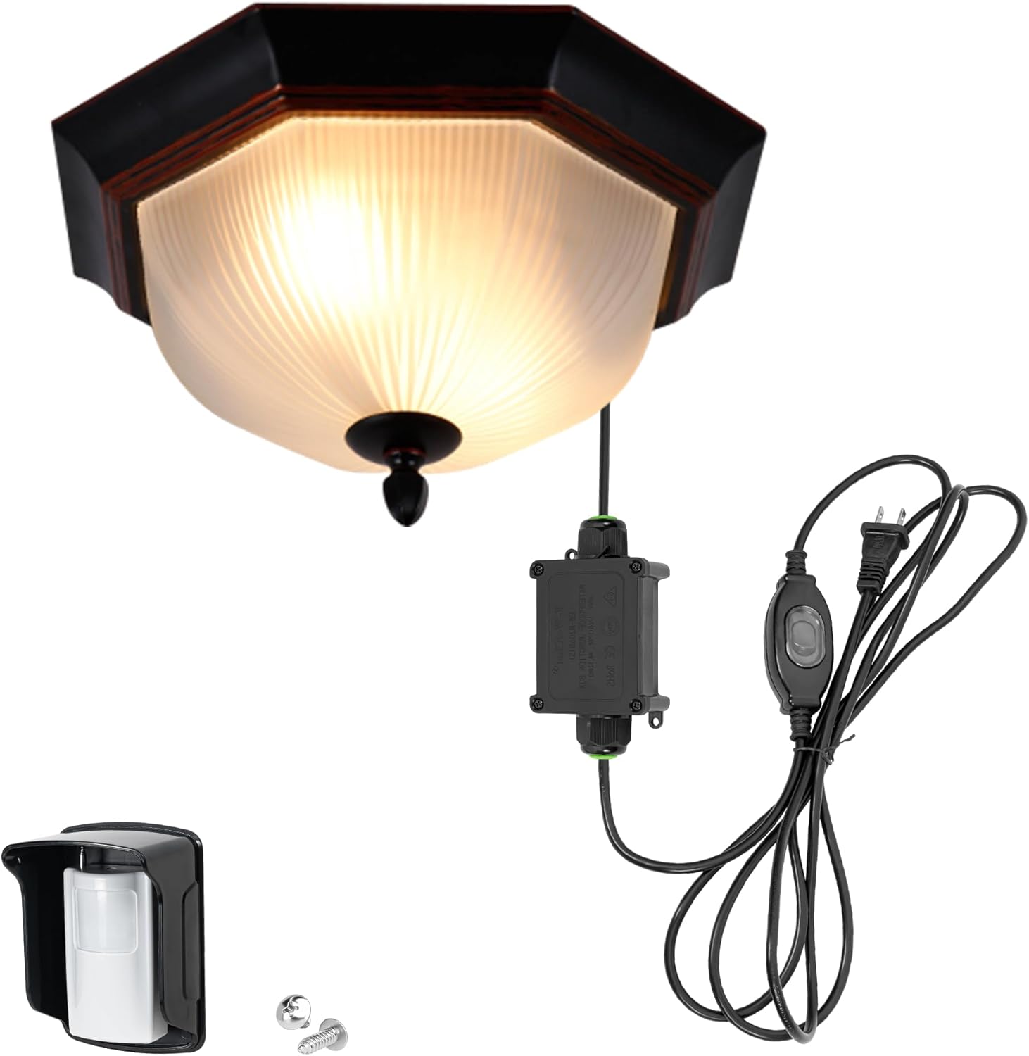 Smart Motion Control Antique Ceiling Light Outdoor/Indoor, 16 Delay Gear Options, Wireless Sensor Receiver, Plug-in No Wiring Ceiling Fixture