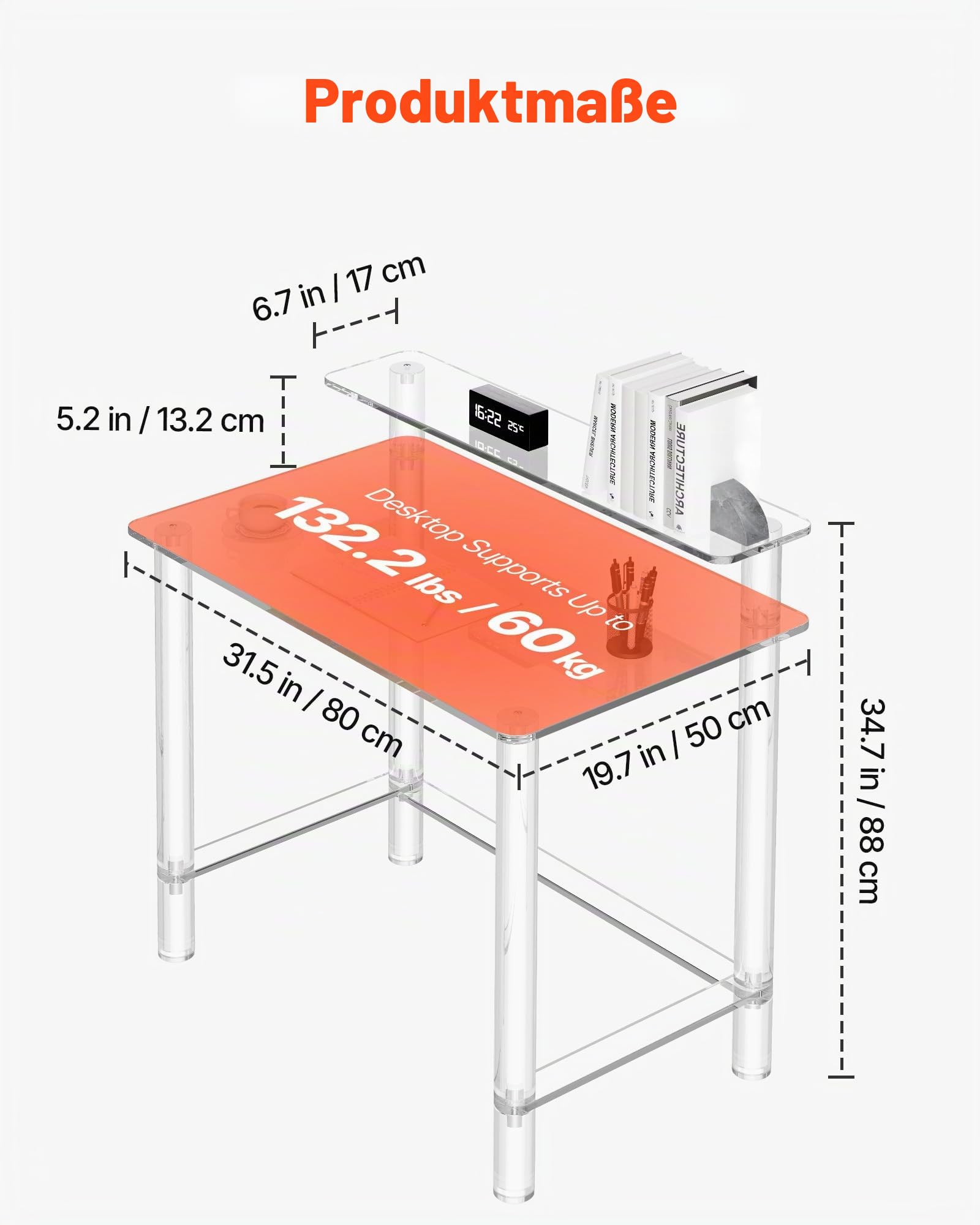 VEVOR Acryltisch Computertisch 2-stufiger Bürotisch mit Monitorständer, moderner Schreibtisch (60 kg belastbar) für Schlafzimmer Büro Arbeitszimmer Garderobe, 50 x 80 x 88 cm (transparent)