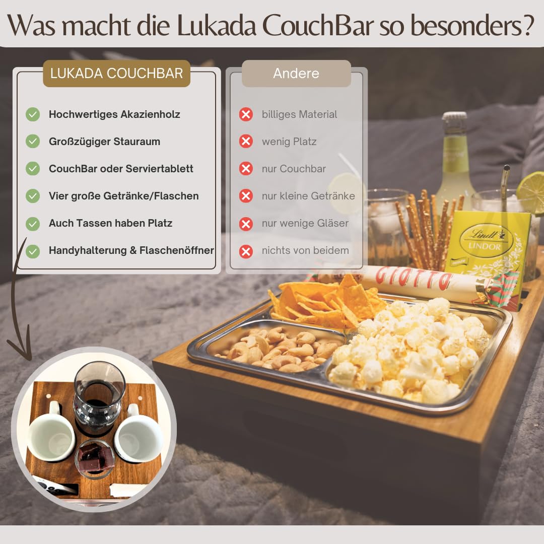 Lukada CouchBar pudełko na przekąski | 3 miseczki na przekąski i 3 uchwyty na napoje | taca na sofę Snagger szara | Sofa Butler wino i kawa | akcesoria kempingowe | organizer na kanapę | bar