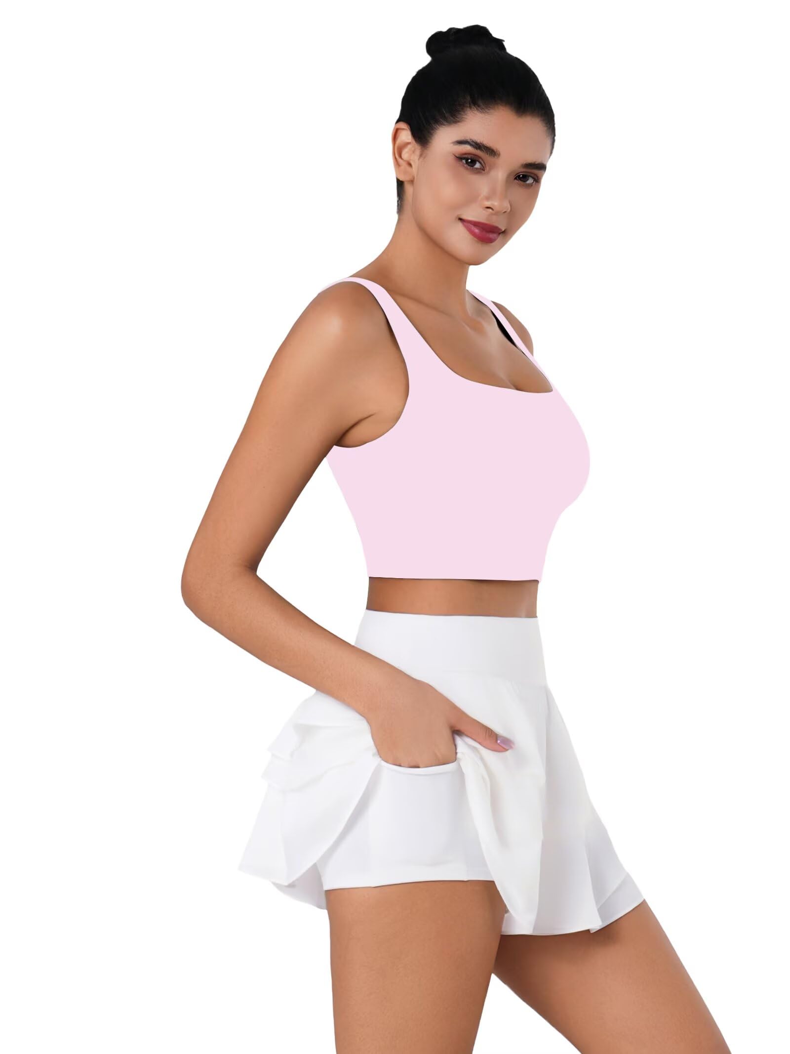 Sunzfly - Brasier deportivo de cuello cuadrado para mujer con almohadillas extraíbles, brasier integrado, camiseta sin mangas para verano, entrenamiento, yoga
