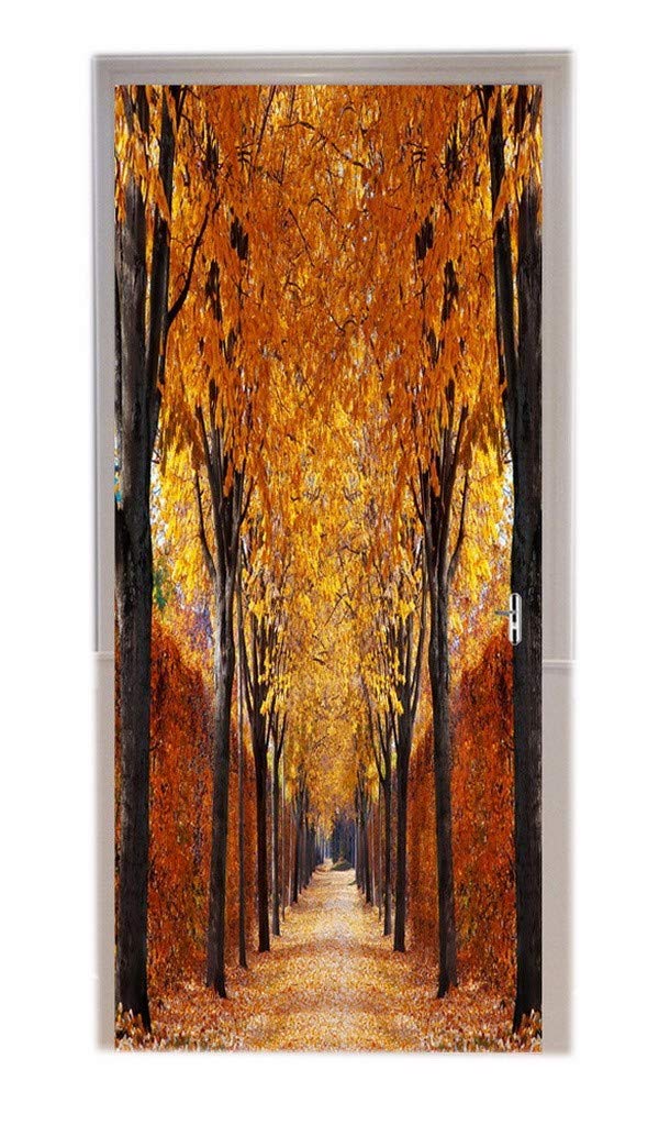 A.Monamour Pegatinas De Pared Otoño Temporada Naranja Amarillo Caído Hojas De Arce Árboles Camino del Bosque Camino Escénico Impresión Vinilo Papel Tapiz Murales De Pared Puerta Calcomanías