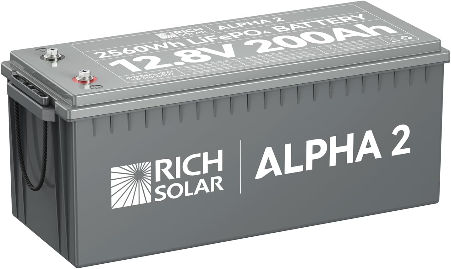 RICH SOLAR Alpha 2 12V 200Ah LiFePO4 Battery with Bluetooth & Heat, 5000+ Cycles, High-Capacity Lithium for RV, Marine, Off-Grid Systems