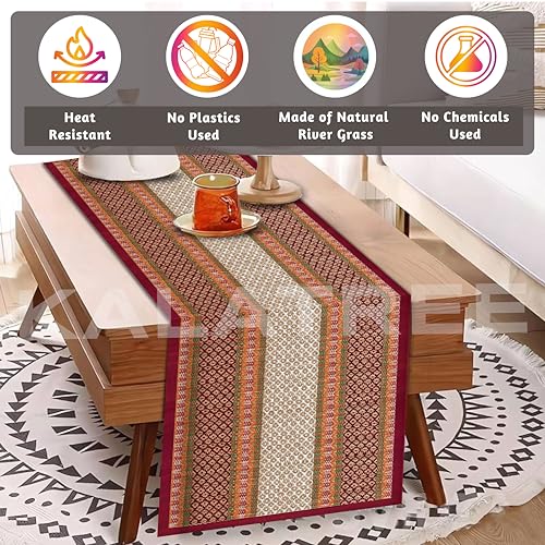 Image of Table Runner for 6 Seater Dining Table Centre Table 60 inch Handmade Reversible Heat Resistant | Korai River Grass Zero Plastic Madurkathi Eco Friendly | Rustic Boho | Maroon White Runner