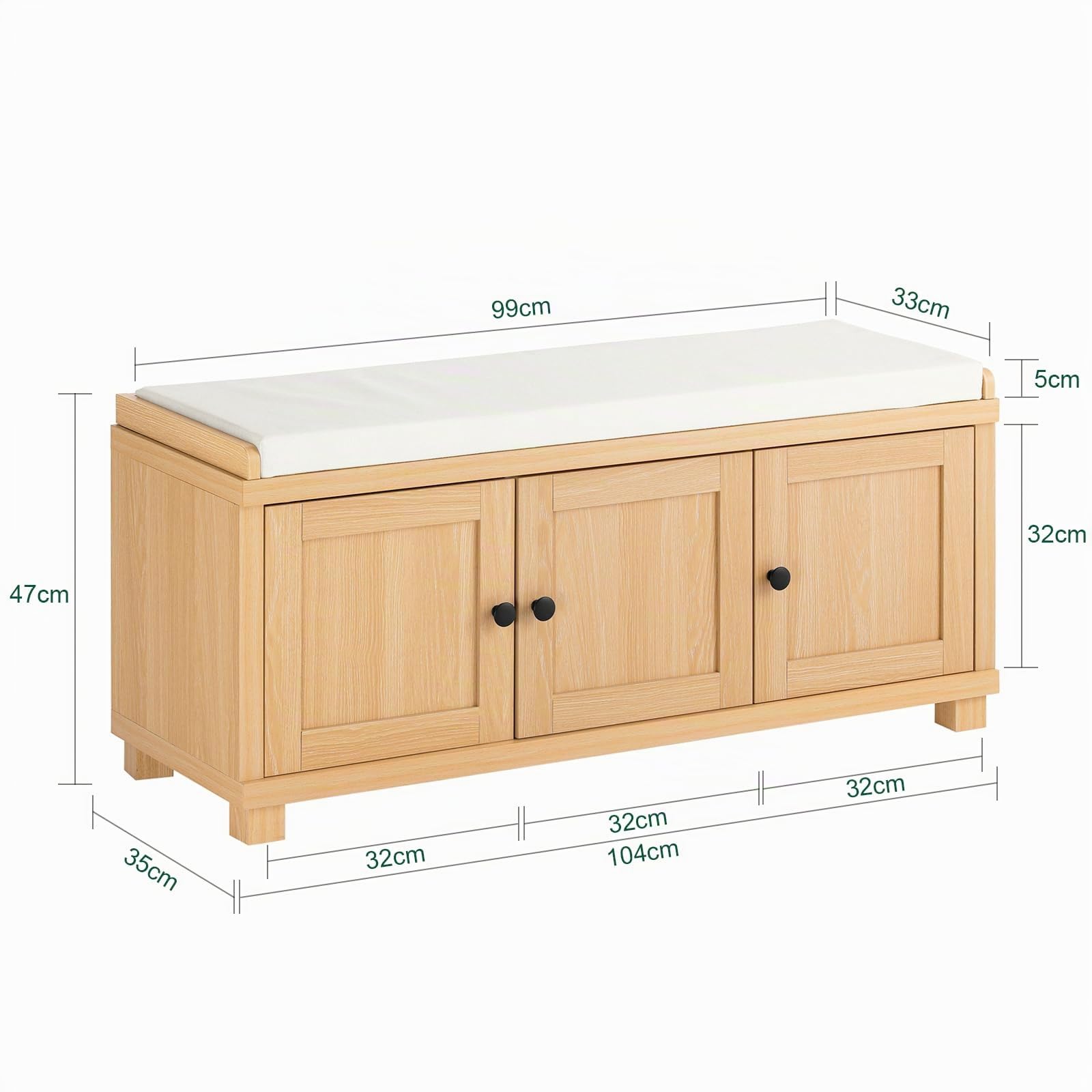 SoBuy Banco Zapatero con 4 Compartimentos 104x35x47cm para recibidor | Banco almacenaje con 3 puertas ocultas y cojín, MDF E1, carga 225kg, natural FSR188-N