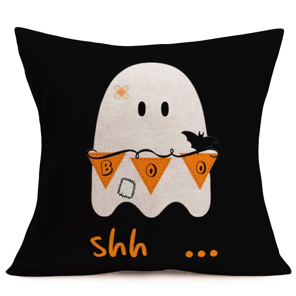 Easternproject Boo Halloween Decorative Pillow Covers Orange Black Bat Spooky Ghost with Patch Shh. Throw Pillow Cases Square 18x18 Inch Cotton Linen Scary House Decor Cushion Cover