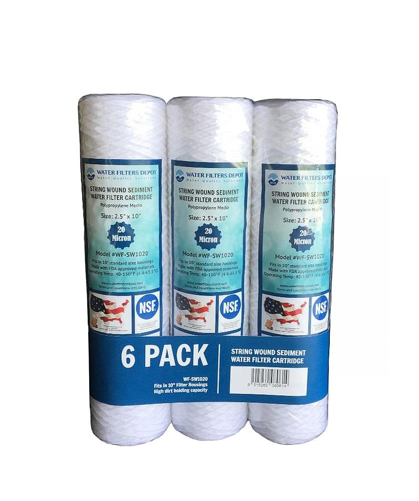 WFD, WF-SW1020 Sediment-Wasserfilterkartusche, 6,3 x 25,4 cm, 20 Mikron, passt in 25,4 cm Standard-Gehäuse von RO- oder Filtersystemen (6 Stück, 20 Mikron)