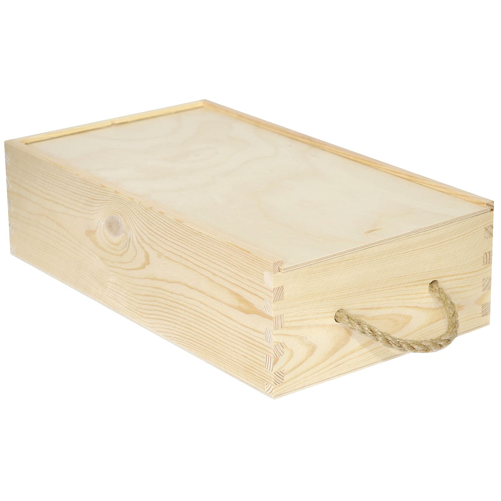 Creative Deco Scatola in Legno per il Vino | 2 Bottiglie | Manico Corda e Coperchio Scorrevole | 35 x 21 x 11 (+/- 1cm) | Cassetta Confezione Perfetta per Decoupage Stoccaggio Decorazione o Regalo