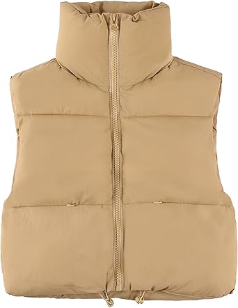 UANEO Cropped Puffer Vest Women Zip Up Stand Collar Sleeveless Padded Crop Puffy Vests