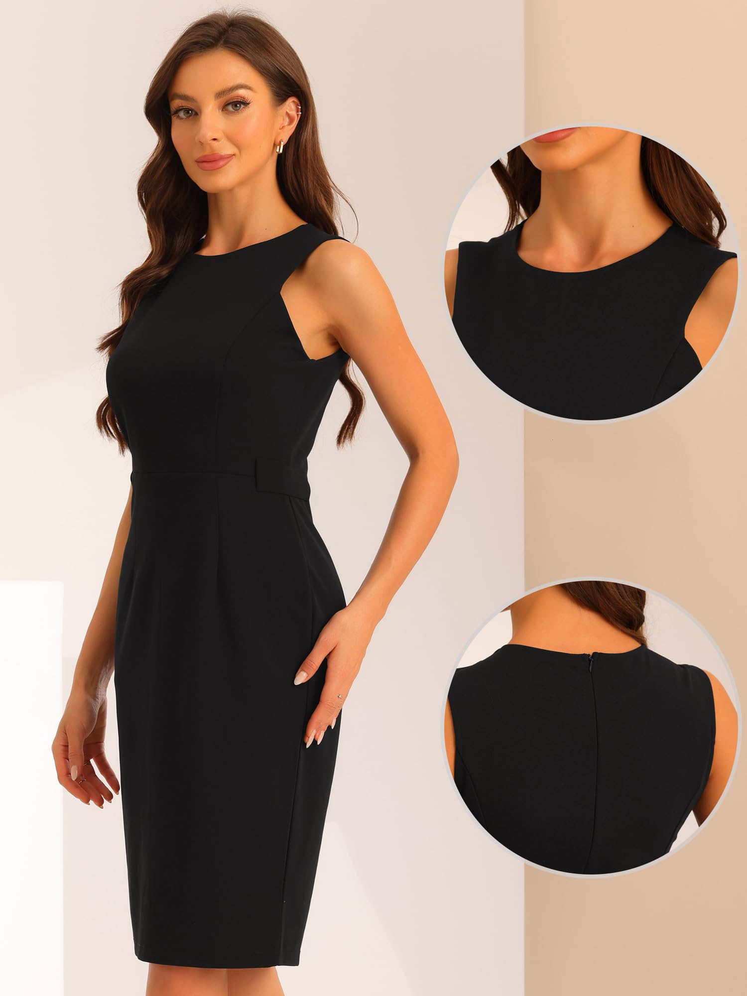 Allegra K Vestido de tubo con cinturón para mujer, cuello redondo, sin mangas, casual, vestidos de oficina