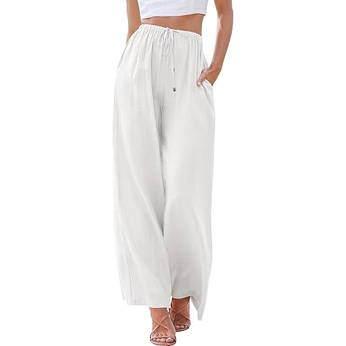 ANRABESS Women's Linen Summer Palazzo Pants Elastic Waist Casual Beach Trendy Wide Leg Trousers with Pockets