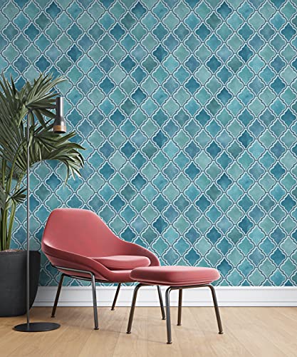 Image of DWELLSINDIA Teal Moroccan Arabesque Wallpaper for Home Decoration | Self Adhesive Peel & Stick, Thick Textured Premium Paper | Waterproof, Scratch Resistant | Living Room & Entryway | 41 x 244 cm