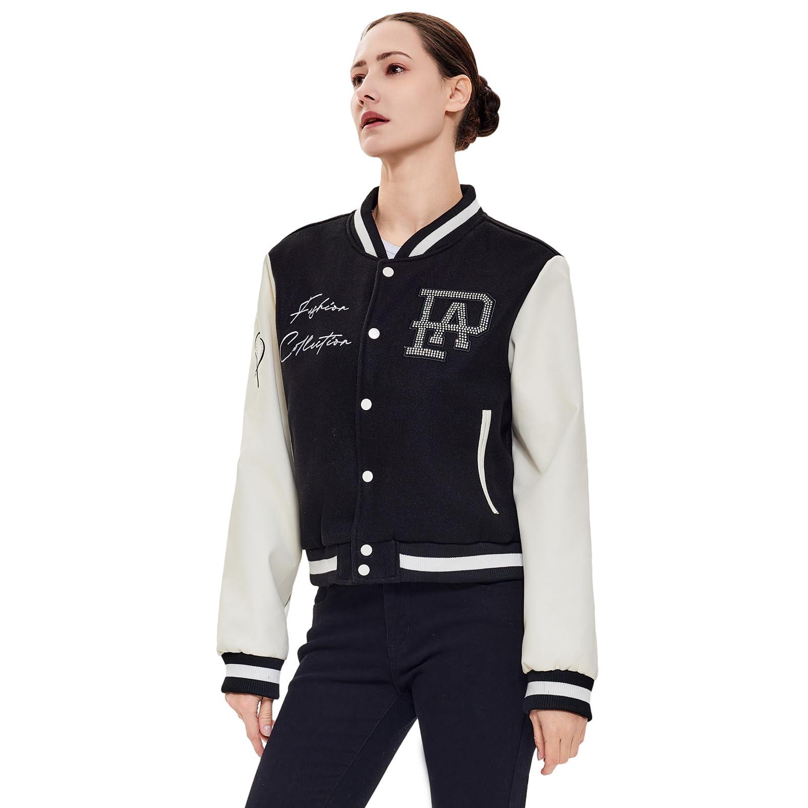 Veste universitaire en cuir synthétique pour femme, coupe ajustée, décontractée, légère