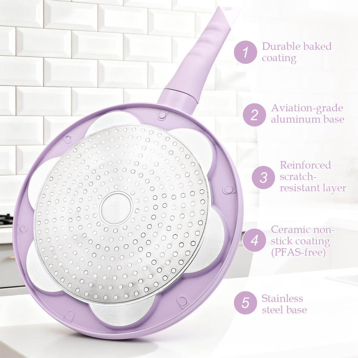 Sartén para Crepé Induccion 26.5cm con Caritas Sonrientes, Revestimiento Cerámico Antiadherente, Sartén para Tortitas 7 Agujeros con Mango Extraíble - Morado