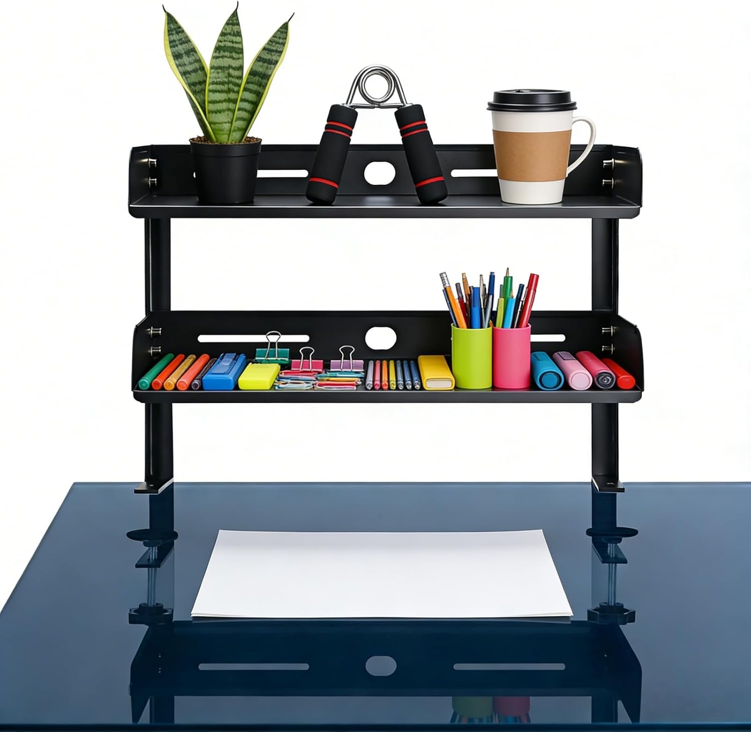 Yuxh Clamp On Desk Corner Shelf 2 Tier Cilp Under Table Corner Organizer, Black-M, 16 inch