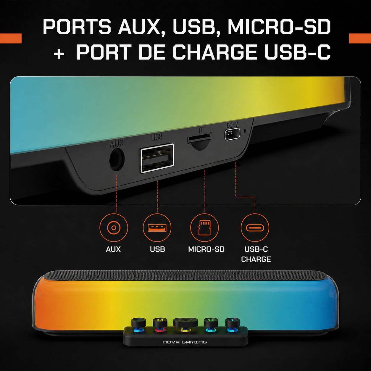 Nova Gaming URSAE - Barre de Son Gaming RGB Bluetooth 5.3 Puissante et Immersive - Enceinte PC Stéréo 10W avec Design Compact Élégant - Connexion USB, Jack, Micro-SD