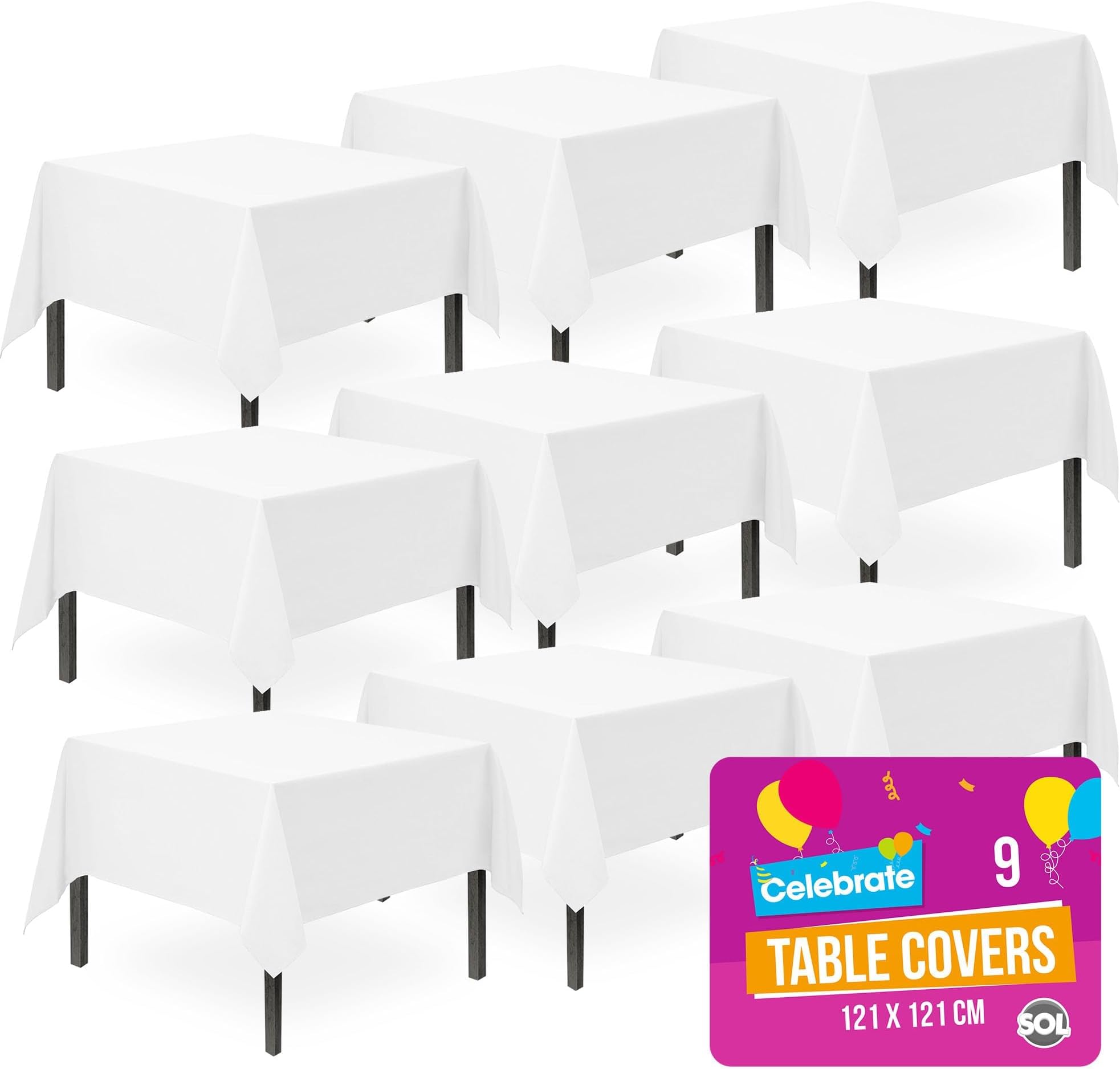 SOL 9pk White Table Cloth Party 121x121cm Plastic Cover Tablecloth Disposable for Parties - Thick Full Coverage Heavy Duty Spill Protection - For Supplies Decorations, Kids Birthdays, Weddings Buffet