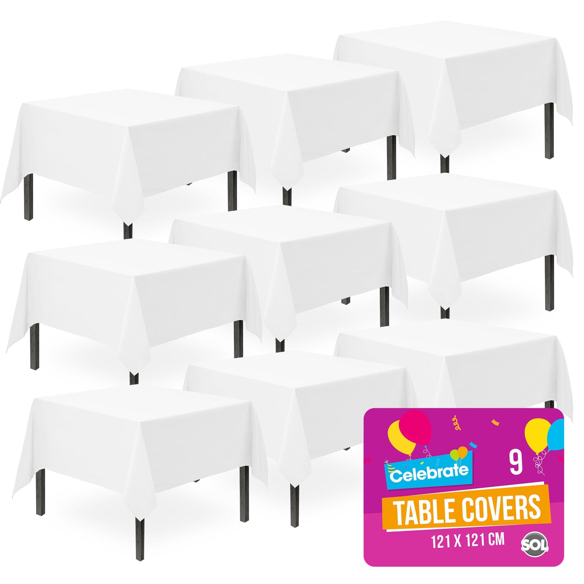 SOL 9pk White Table Cloth Party 121x121cm Plastic Cover Tablecloth Disposable for Parties - Heavy Duty Spill Protection - Opaque Design for Weddings, Buffets, Catering, Gender Reveals & Events