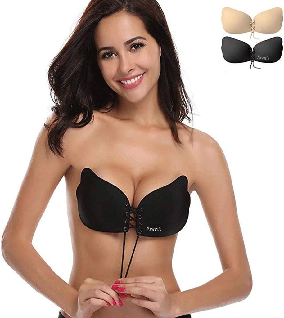 Invisible Adhesive Bra 2 Pack Sticky Bra Reusable Push up Invisible Women Bra Drawstring Silicone Bras (D Cup: 38C 34D 36D 38D 34DD)