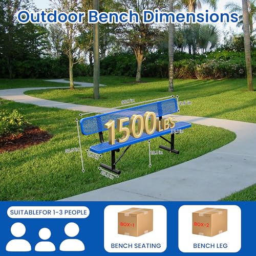 Image of 8FT Heavy Duty Park Bench with Back Portable Frame, Outdoor Steel Bench with Backrest, Outdoor Park Bench Expanded Metal Mesh Bench for Lawn, Park, Deck, Garden, Patio, Porch, Black (Blue, 8FT)