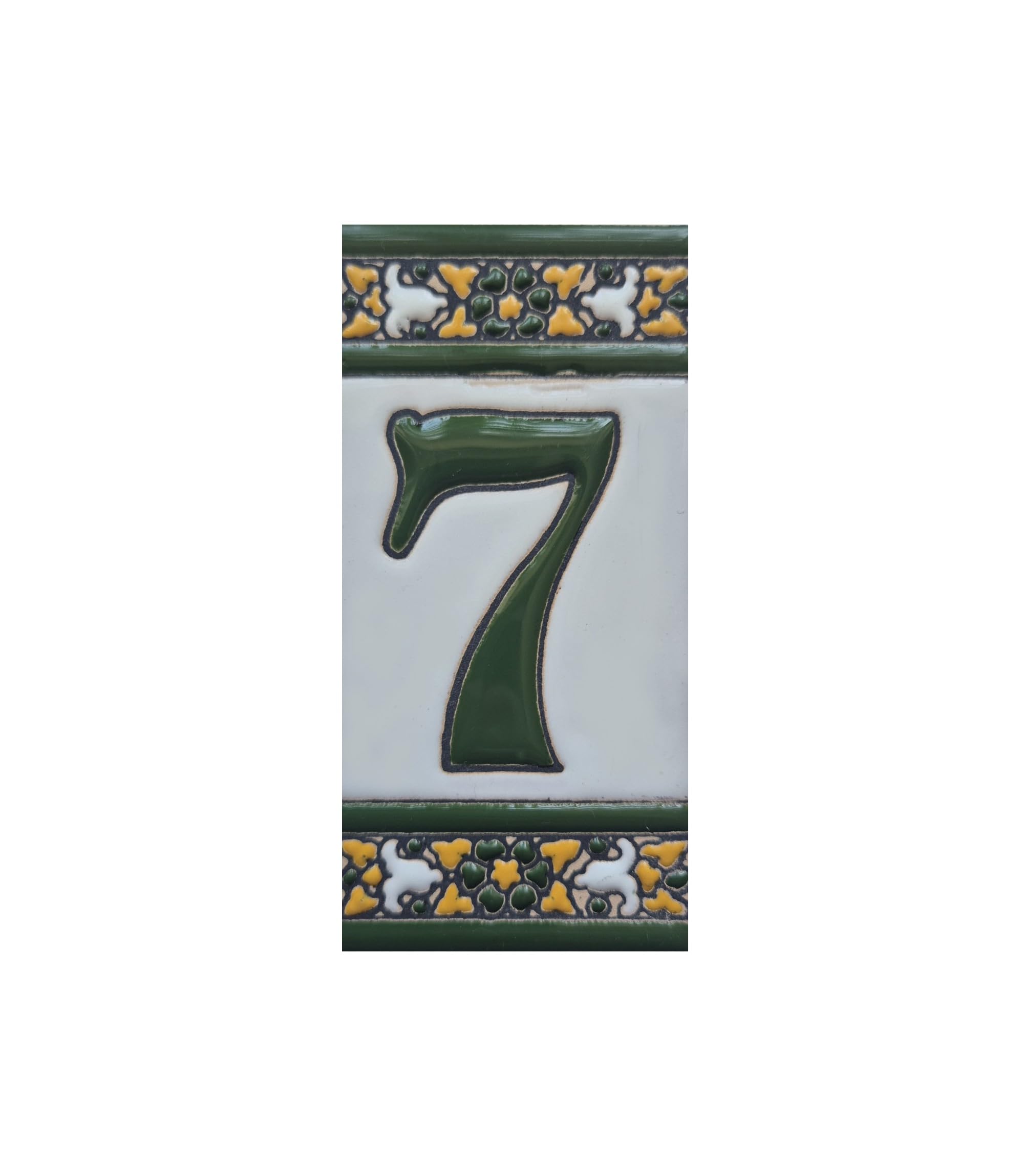 Sevillia Green, hand-painted ceramic house number tiles measuring 11 × 5.5 cm. (Number 7 tile)
